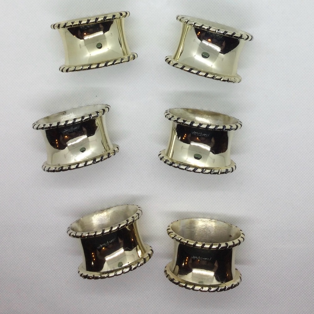 Set of Six Shiny Light Gold Tone Napkin Rings with Rope Style Edges